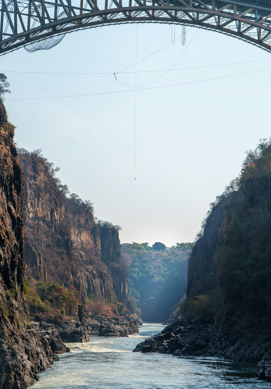 Bungee jumper suspended from Victoria Falls Bridge over the Batoka Gorge, Zimbabwe