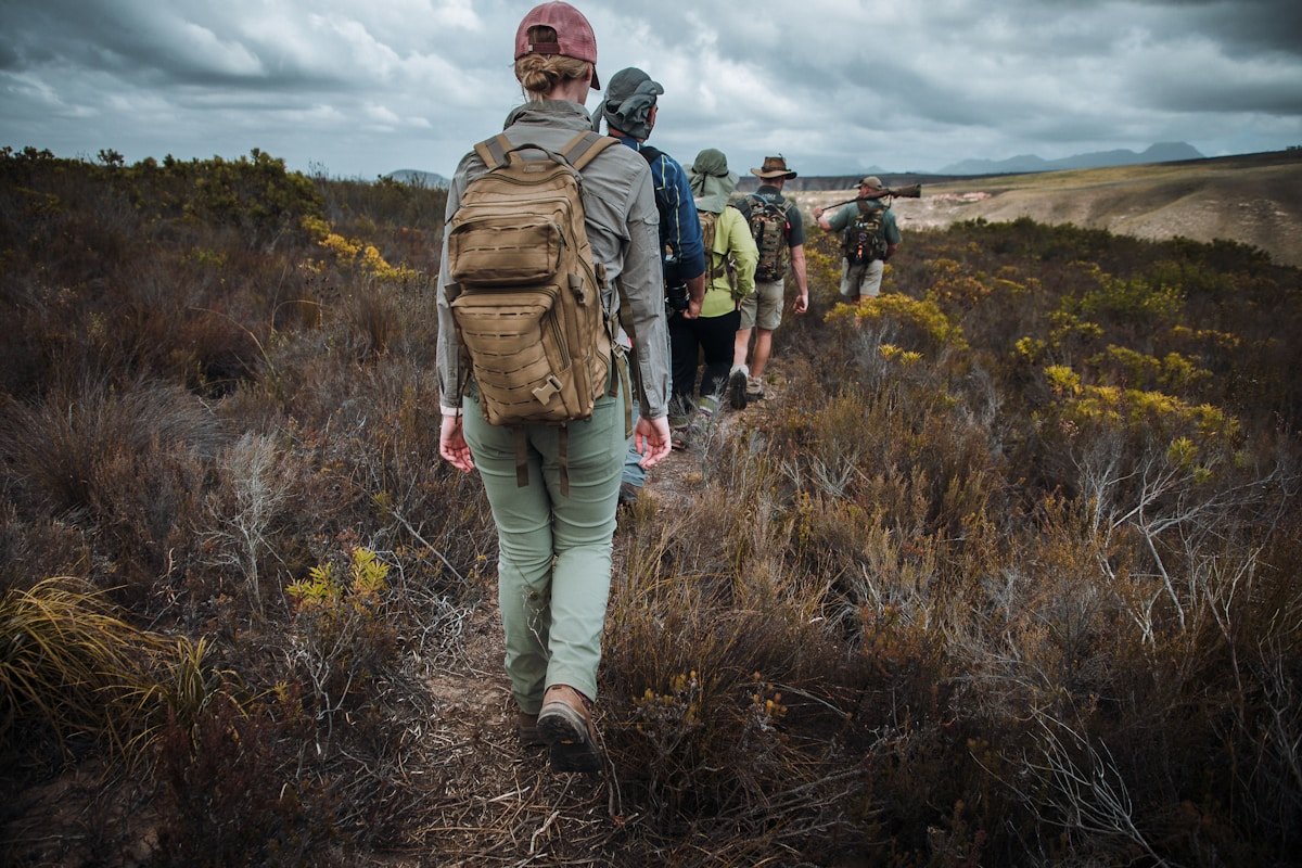 Guided group walking through African bush on a walking safari in single file
