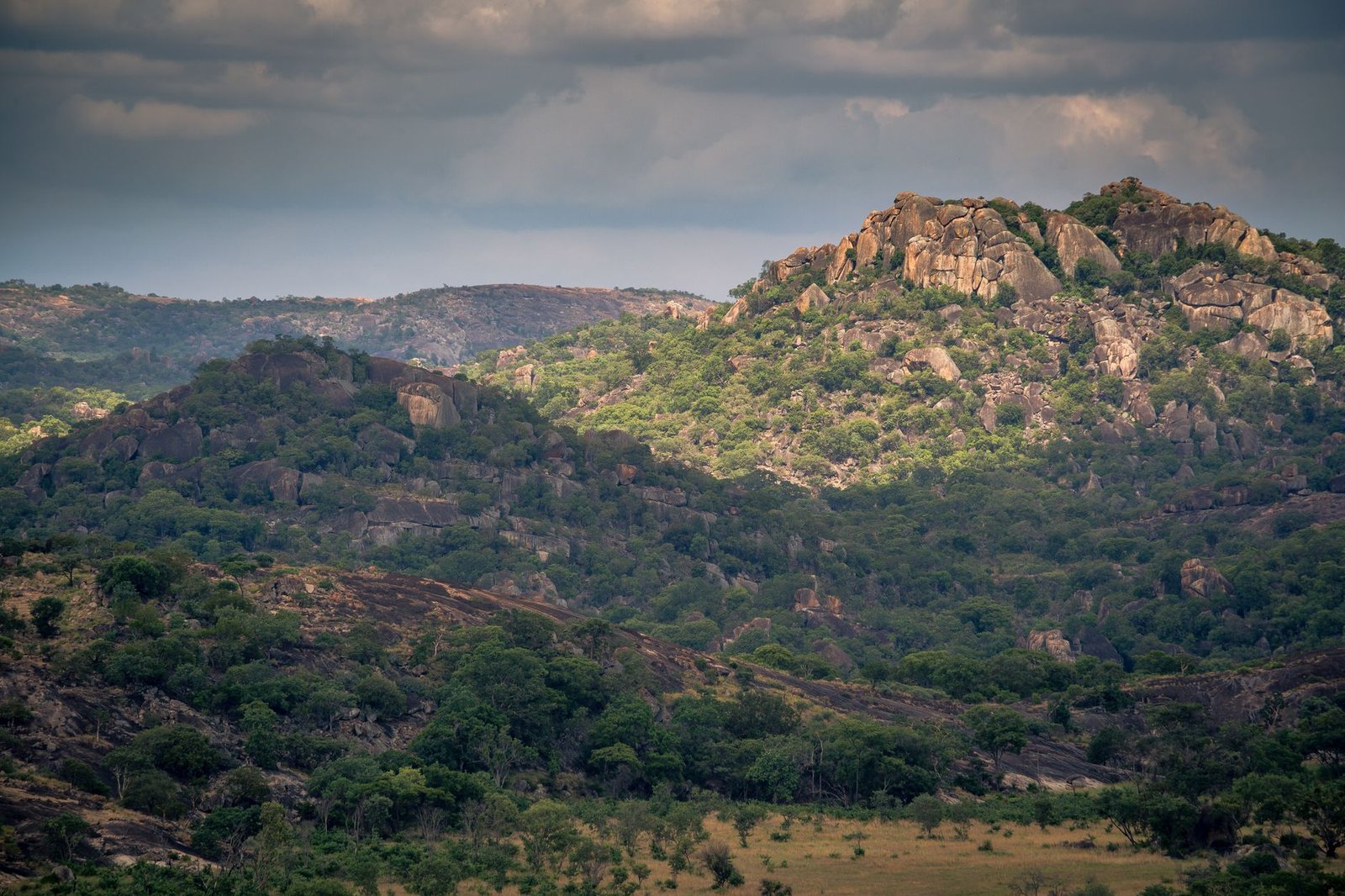 Aerial view of rocky granite kopjes and lush vegetation in Zimbabwe's Matobo Hills area