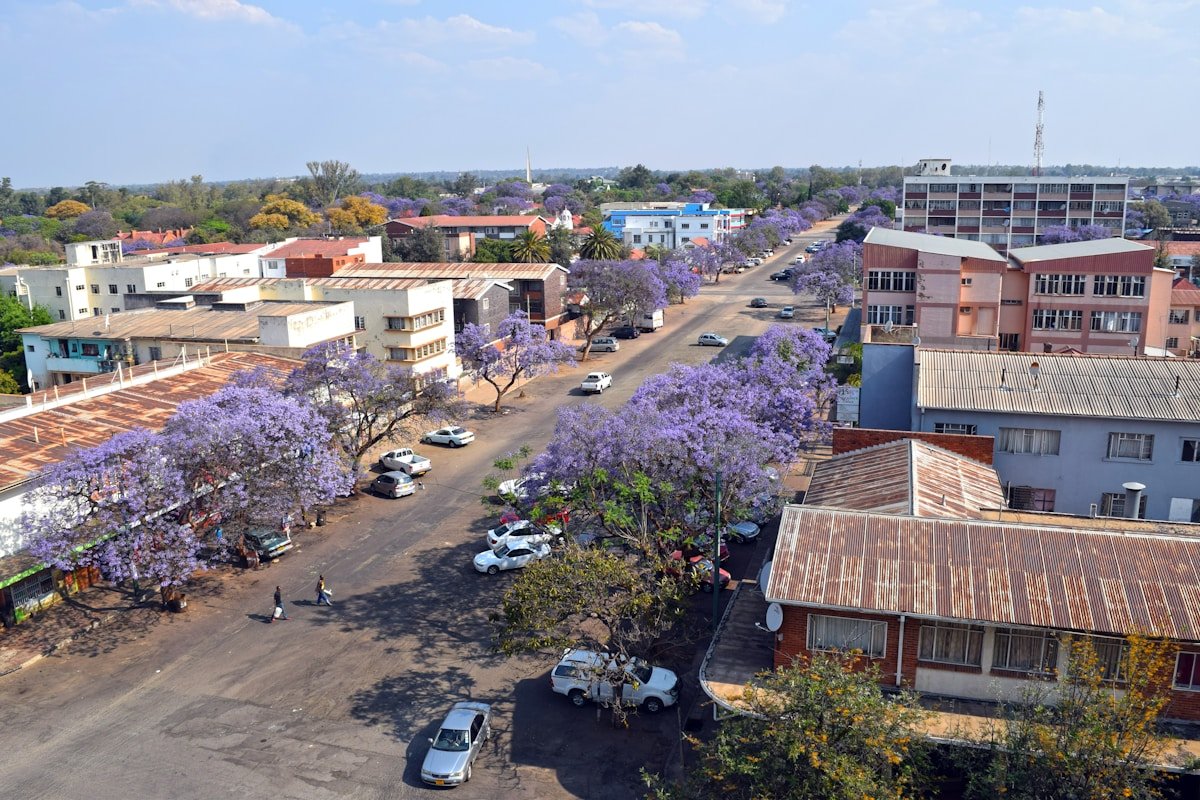 Street scene in Bulawayo, Zimbabwe, with historic architecture in the afternoon sun