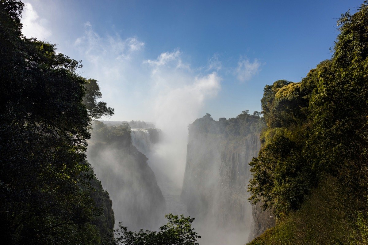 A view of a waterfall from a distance, Zimbabwe