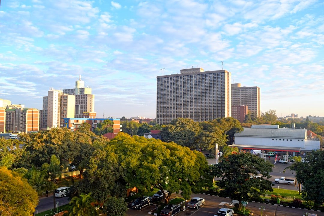 Harare city skyline with trees and tall buildings, Zimbabwe