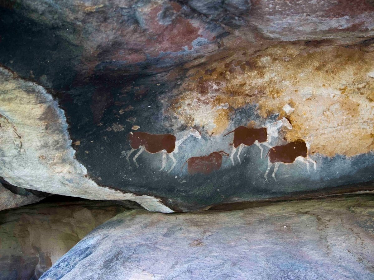 San Bushman rock art paintings of animals on granite cave walls in southern Africa