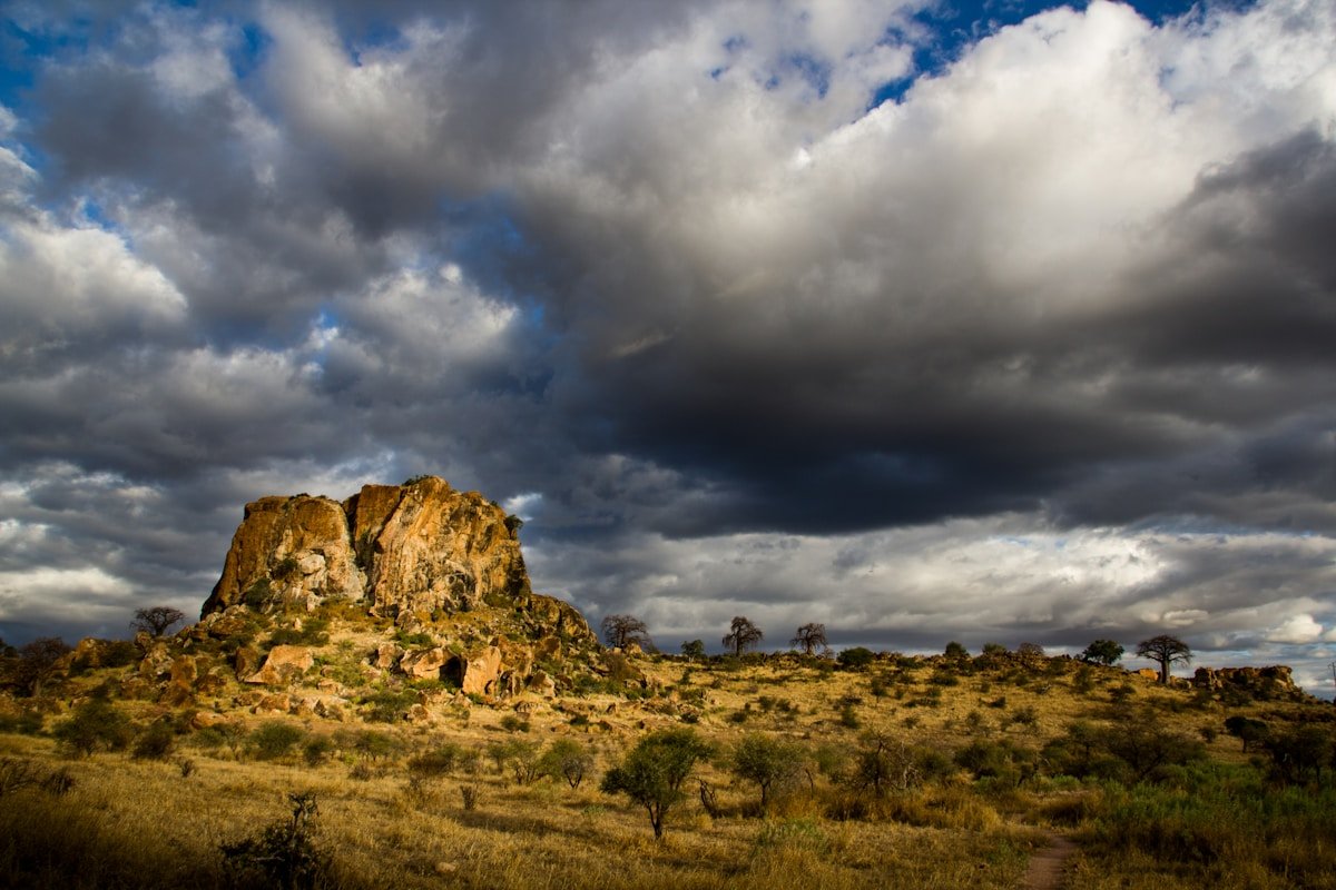 A granite kopje in the Matobo Hills rising above golden grassland under dramatic storm clouds, Zimbabwe