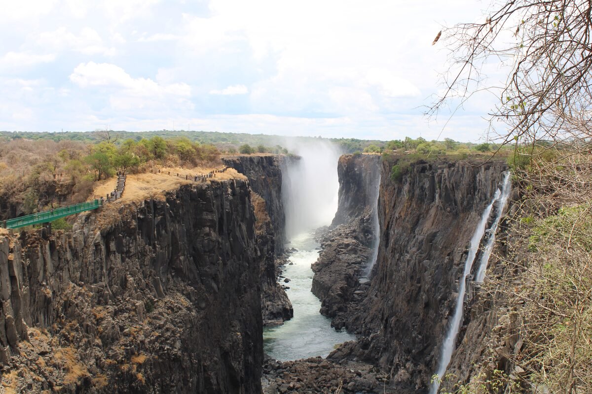 Victoria Falls gorge viewed from the Zambia side near Livingstone, with the Knife Edge walkway visible on the left