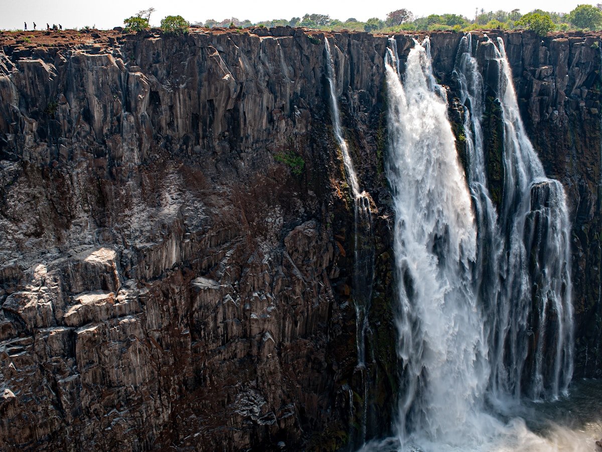 Victoria Falls waterfall in the dry season showing the dramatic basalt gorge, Zimbabwe